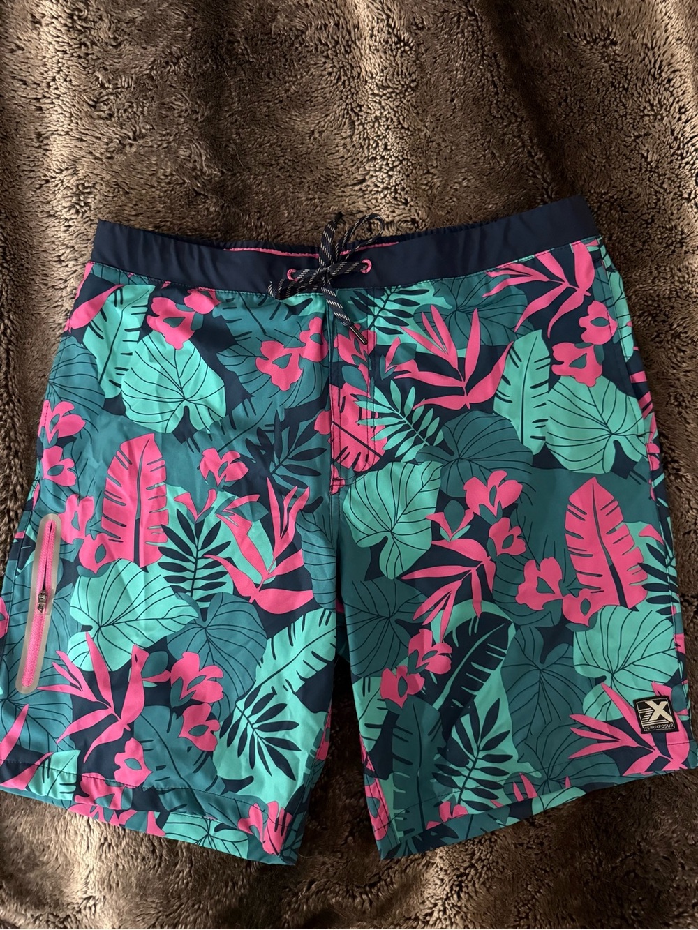 ZeroXposur Teal & Pink Tropical Leaf Swim Shorts